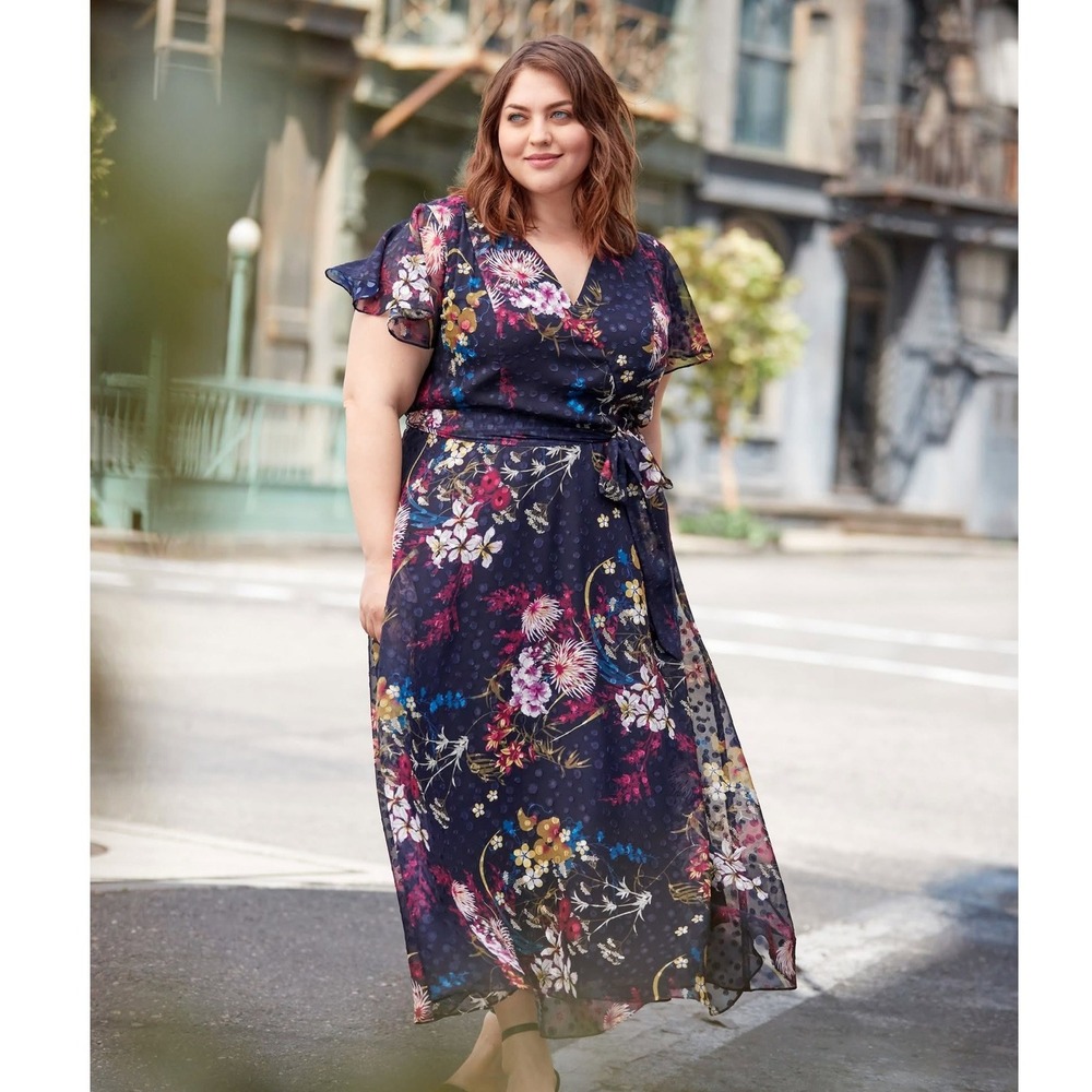 Lane Bryant Navy Blue Floral Swiss Dot Chiffon Maxi Dress Size 24 Flutter Sleeve